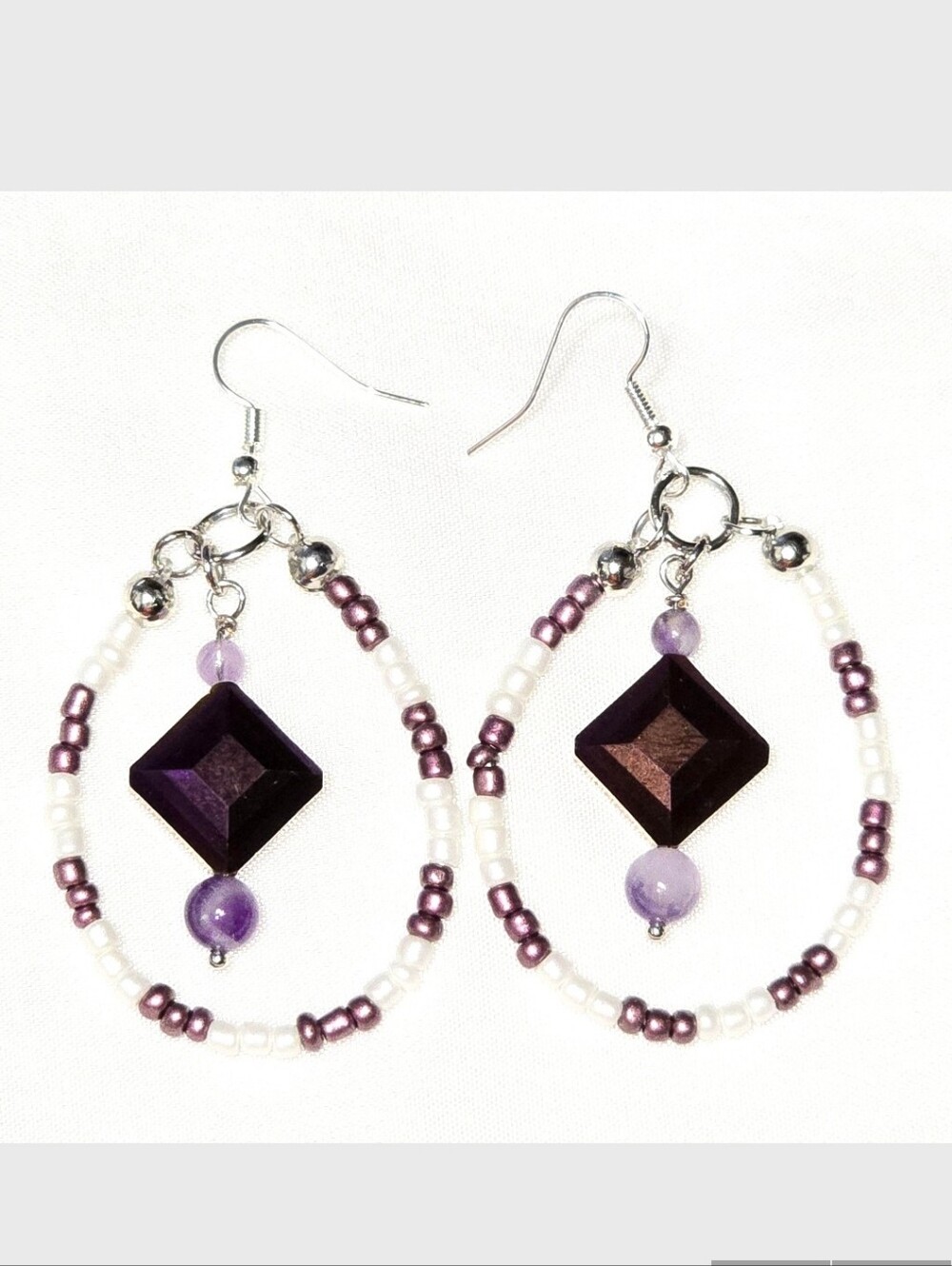 Handmade White and Purple Glass Beaded Teardrop Dangling Earrings : Artisan Uniq
